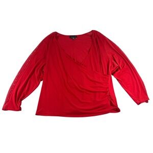 Premise Woman Red Wrap Style Ruched Blouse Rhinestone Sleeve‎ Plus Size 3X